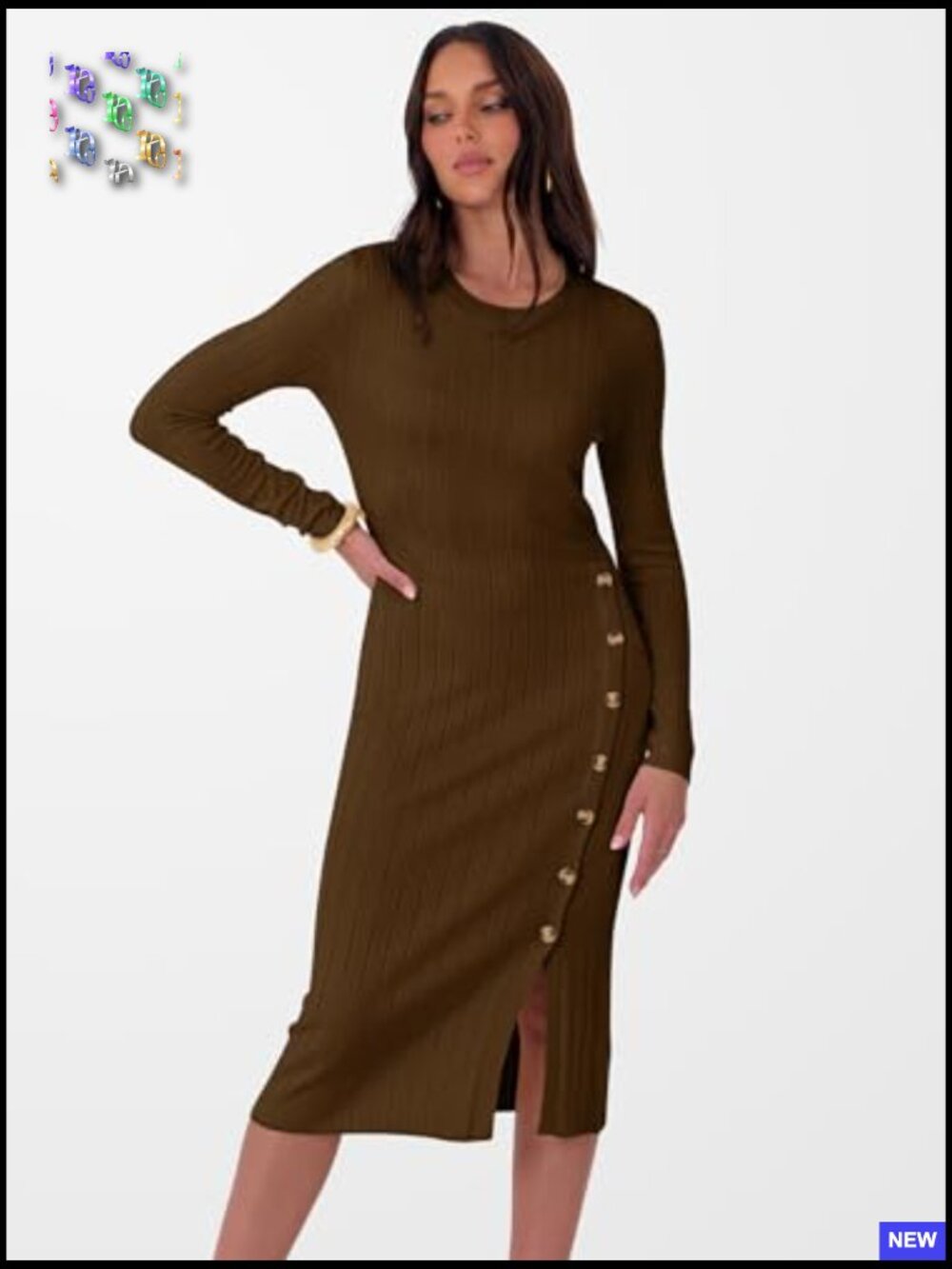 Long Sleeve Midi Dress Ribbed Knit Bodycon Fitted Button Down Sweater Dress - Picture 3 of 7